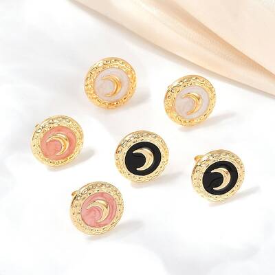 304 Stainless Steel Enamel Flat Round with Moon Stud Earrings