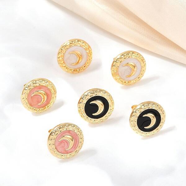 304 Stainless Steel Enamel Flat Round with Moon Stud Earrings