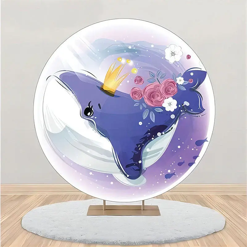 Purple Blue Whale Crown Rose Round Birthday Backdrop - Aperturee