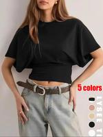 Women's Plain Batwing Sleeve Tee, Classy Casual Fitted Short Sleeve T-shirt for Summer, Ladies Clothes for Daily Wear, Mini...