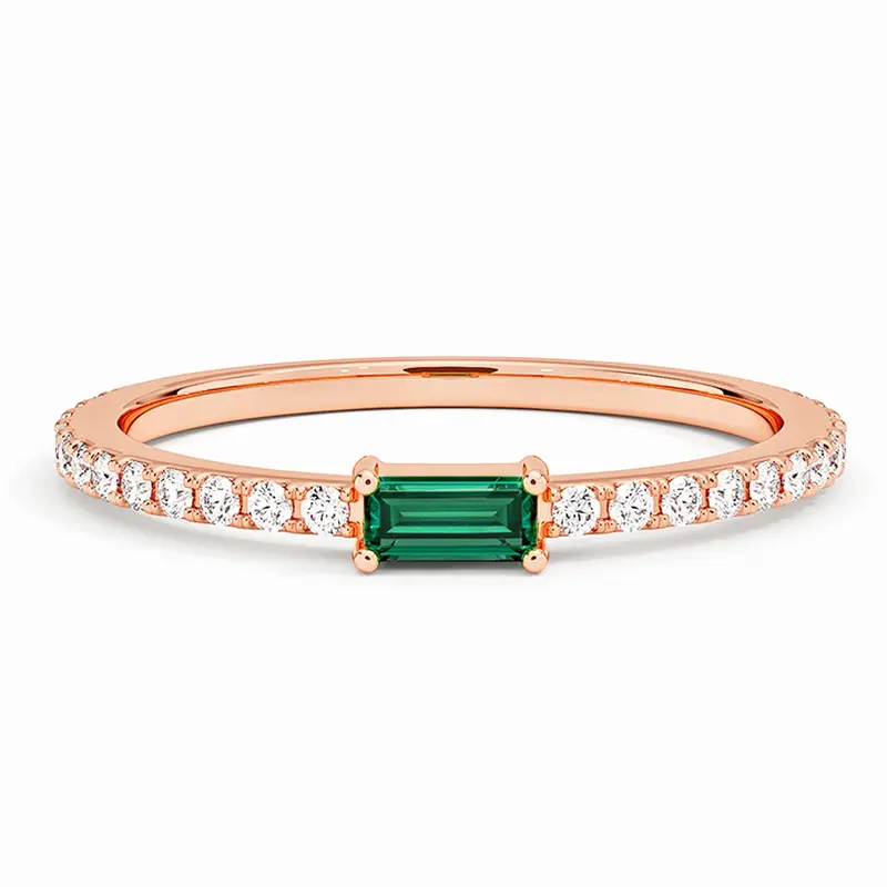10K Rose Gold Emerald Cut Emerald & Lab Created Diamond Engagement Band G/H Color SI Clarity