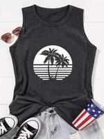 Women's Coconut Tree Print Round Neck Tank Top, Graphic Top, Casual Sleeveless Top for Beach Vacation Holiday, Comfort Ladies...