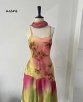 Women's Elegant Embroidered Floral Print Summer Dress, Ruffle Hem Strap, Sleeveless Spaghetti Strap for Beach Holiday Vacatio...