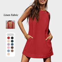 UEU Womens Summer Sleeveless Linen Mini Dress Casual Crew Neck Open Back Short Sundress with Pockets