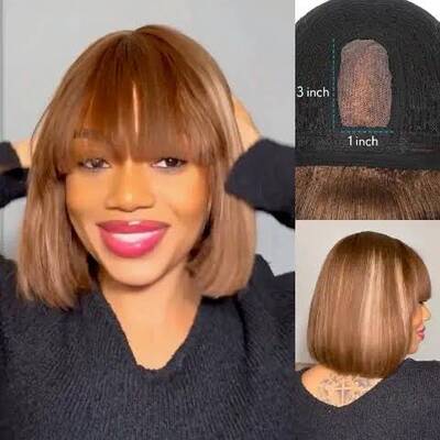 Put On and Go Ash Blonde Highlight Yaki Straight 3x1 Minimalist Lace Bob Wig With Bangs