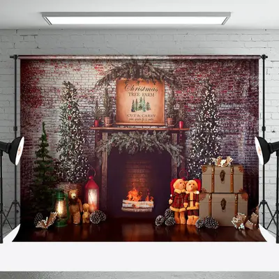 Aperturee Christmas Tree Vintage Brick Wall Fireplace Backdrop - Aperturee
