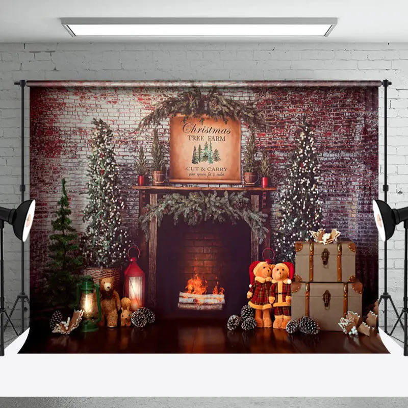 Aperturee Christmas Tree Vintage Brick Wall Fireplace Backdrop - Aperturee