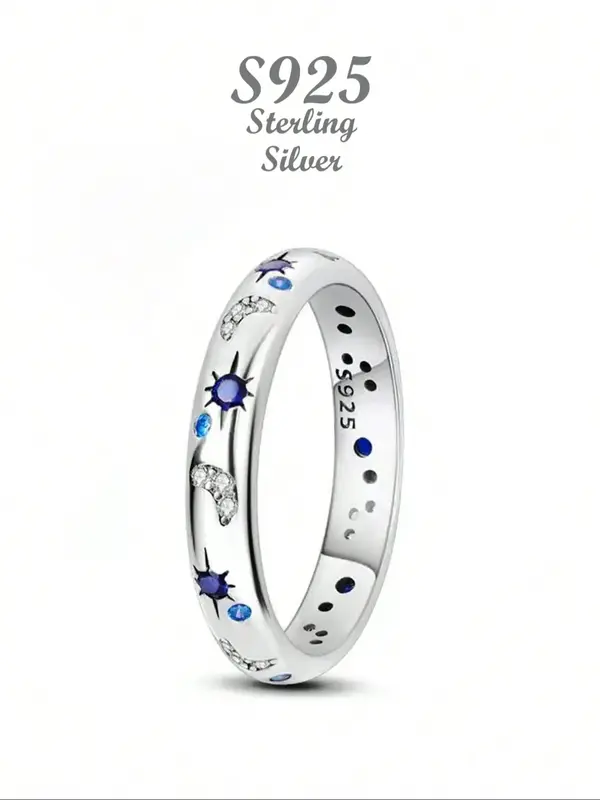 S925 Sterling Silver Fashion Star & Moon Design Ring, Fashion Jewelry for Party, Daily Clothing Decor, Trendy All-match & Exq...
