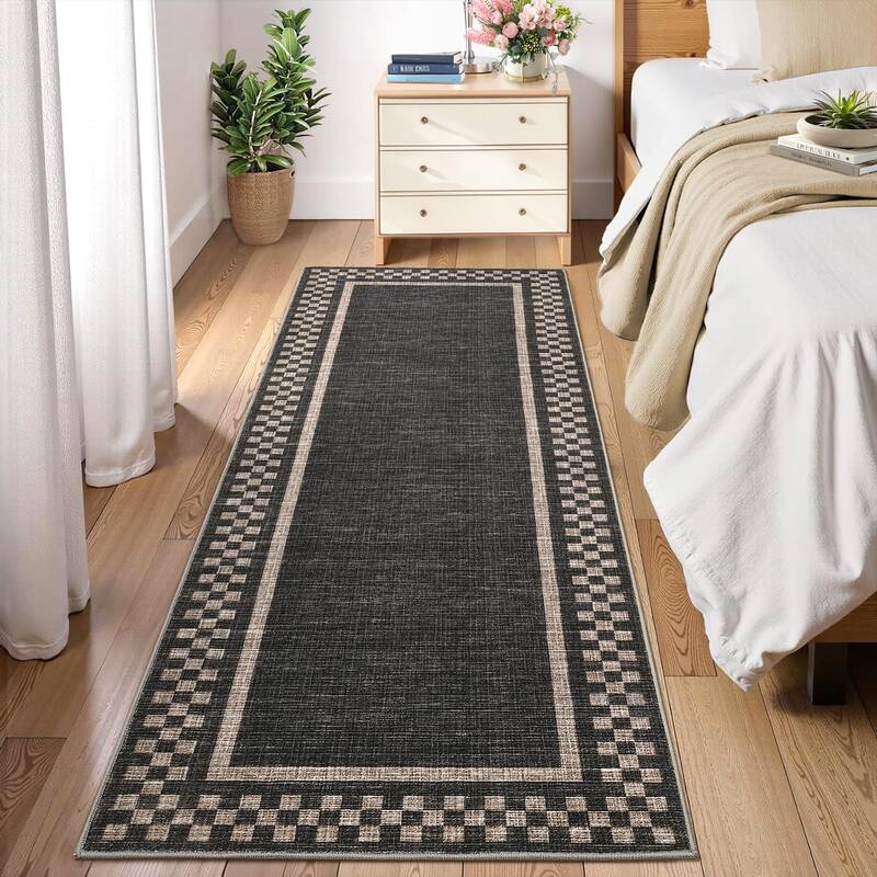 Garvee Washable Runner Rug 2x6 - Checkered Border, Non Slip, Soft Low Pile - Polyester Fiber, Non Shedding, Durable - Hallway...