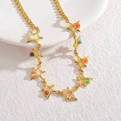Bohemian 304 Stainless Steel & Dyed Colorful Synthetic Turquois Link Chain Necklaces for Women