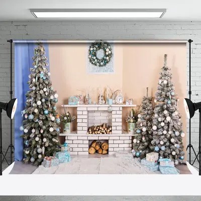 Aperturee Beige Wall Fireplace Xmas Trees Christmas Backdrop