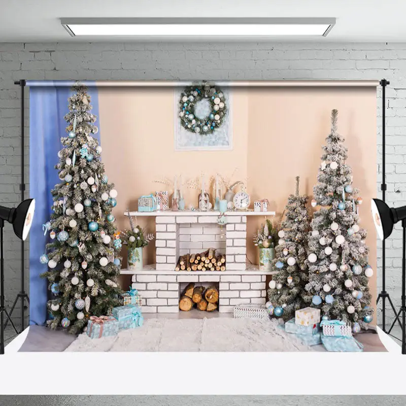 Aperturee Beige Wall Fireplace Xmas Trees Christmas Backdrop