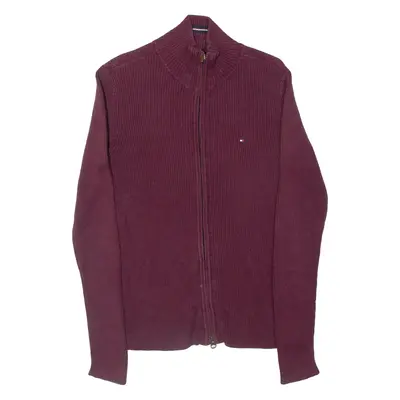 TOMMY HILFIGER Womens Cardigan Maroon High Neck Tight Knit S
