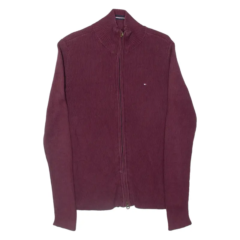 TOMMY HILFIGER Womens Cardigan Maroon High Neck Tight Knit S