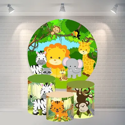 Aperturee Green Jungle Animals Round Happy Birthday Backdrop | Round Backdrop Cover Diy | Round Backdrop For Birthday Party |...