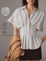 Women's Striped Shirt, Casual Short Sleeve Collar Top for Daily Wear, Ladies Clothes for Work Office Business, Womenswear