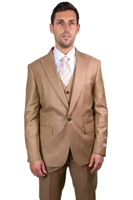 Men's One Button Peak Lapel Vested Stacy Adams Sharkskin Suit In Taupe