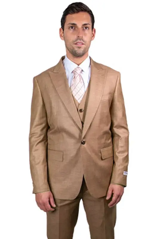 Men's One Button Peak Lapel Vested Stacy Adams Sharkskin Suit In Taupe