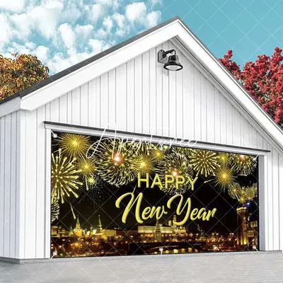 Aperturee Gold Sparkle Night City New Year Garage Door Banner
