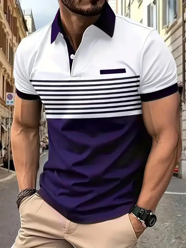 Men's Striped Print Polo Shirt, Regular Fit Casual Shortsleeve Button Front Top, Stylish Summer Clothes, Streetwear, Fashion...