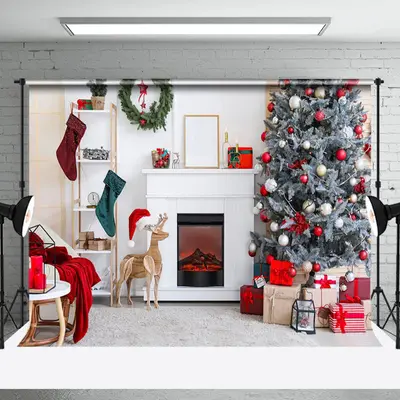 Aperturee Wood Dear White Modern Fireplace Christmas Backdrop