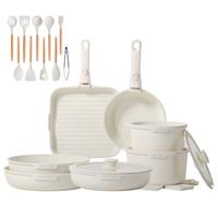 Jeetee 6/28 Pcs Pots and Pans Set, White Granite Nonstick Cookware Sets Detachable Handle, Stackable Induction Kitchen Cookin...