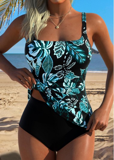 Modlily Cyan Mid Waisted Tummy Coverage Tankini Top - XL