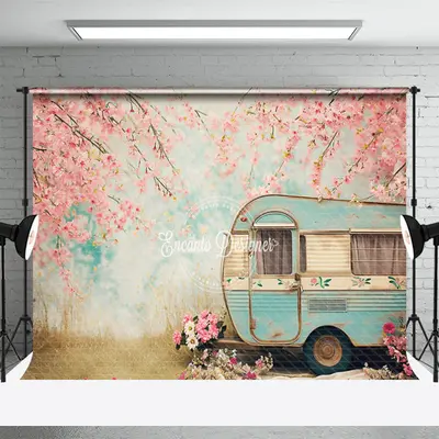 Peach Tree Blossom Retro RV Bokeh Spring Backdrop - Aperturee