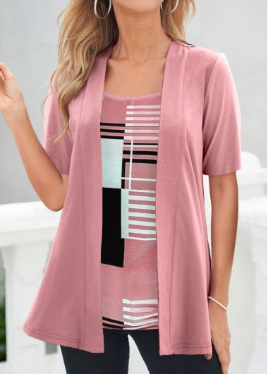 Modlily Pink Geometric Print Short Sleeve Fake Two Piece Twinset - L