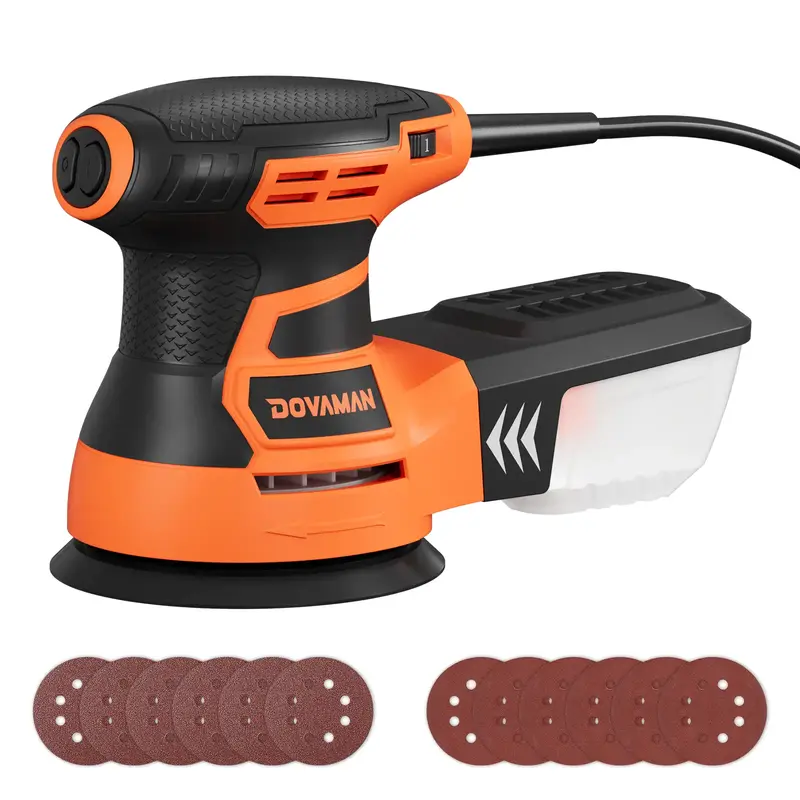DOVAMAN ROS01A 3A Random Orbital Sander, 6 Variable Speeds, Up to 13000 rpm, 12pcs Sandpapers, 5in Sanding Pad, Dust Collecti...