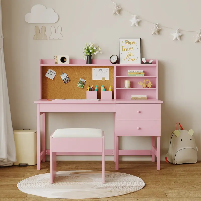 Garvee Wood Kids Study Table and Chair Set with Adjustable Tilt Desktop, Drawers and Cork Board for Ages 3-10, Pink