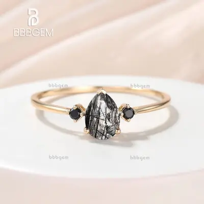 14K/18K  Three Stone Black Rutilated Quartz Black Diamond Engagement Rings