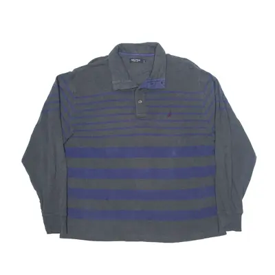 NAUTICA Polo Shirt Grey Striped Long Sleeve Mens L