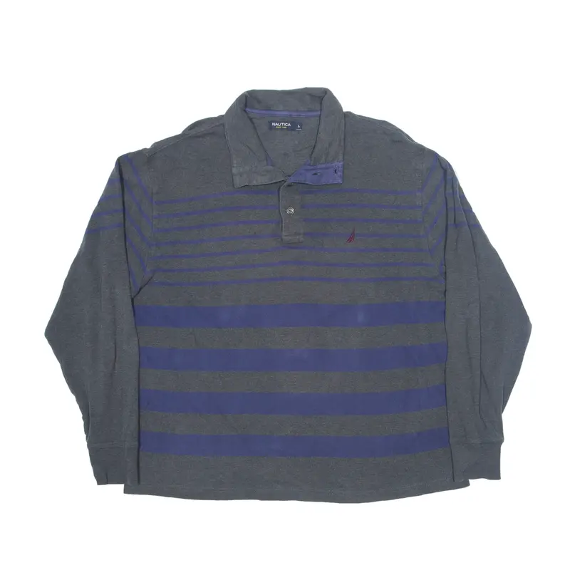 NAUTICA Polo Shirt Grey Striped Long Sleeve Mens L