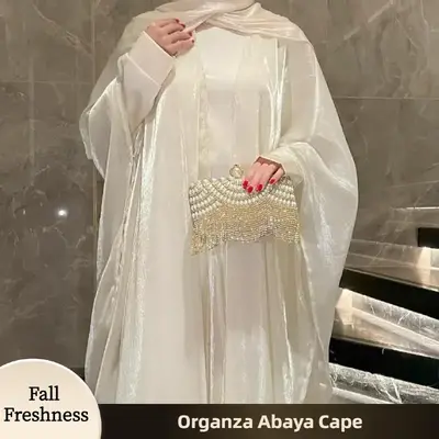 ăFallFreshnessăCL41 Two-piece set, Coat abaya and Inner skirt, Loose Fit, Fashionable And Gentle organza solid color abay...