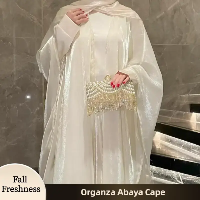 【FallFreshness】CL41 Two-piece set, Coat abaya and Inner skirt, Loose Fit, Fashionable And Gentle organza solid color abay...