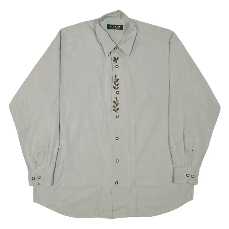 BOCKER Embroidered Mens Plain Shirt Grey Long Sleeve L