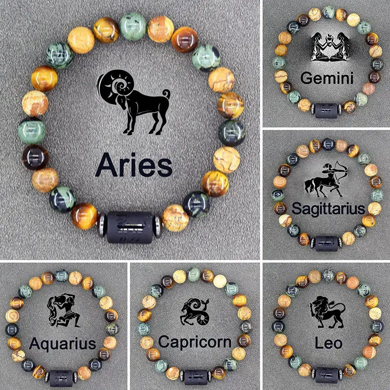 12 Zodiac Signs Handmade Beaded Bracelet for Men and Women, Elastic Yoga Elastic Crystal Tiger Eye Bracelet, Astrological Gif...