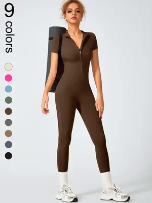 Sporty Women's Solid Color Zip Up Placket Tummy Control Jumpsuit, Fall Outfits, Earthtone Fallfreshness, Casual Comfy Short S...