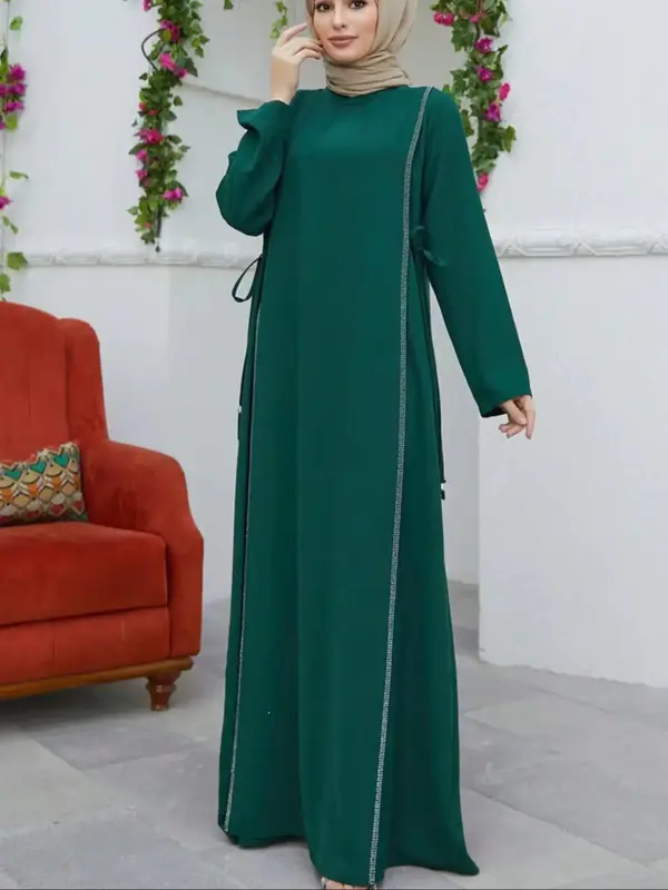 Elegant Women's Plaid Stand Collar Long Dress, Beaded Craft Party Gown, All-Season Fashion, Plain Pattern, Perfect for Gather...