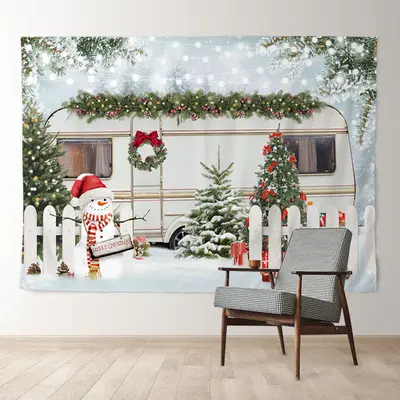 Aperturee White Truck Snowman Tree Merry Christmas Backdrop
