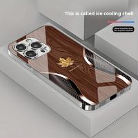 Premium Business Style Curved Gold Maple Leaf Wood Grain Pattern Glass Phone Case for iPhone 16 15 14 13 12 11 Screen Protect...