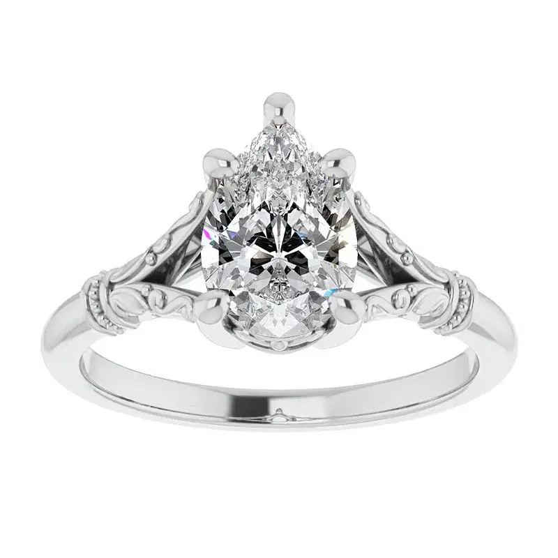 10K White Gold Pear Cut Solitaire Moissanite Engagement Ring