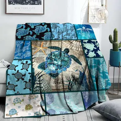 Sea Turtle Print Throw Blanket, 1 Count Soft Warming Nap Blanket for Office, Bedroom Accessories Rest Blanket for Air-conditi...