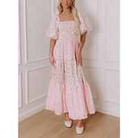 Women's Chic Floral Print Patchwork Pleated Dress, Casual Vacation Fashionable Sweet Maxi Dress