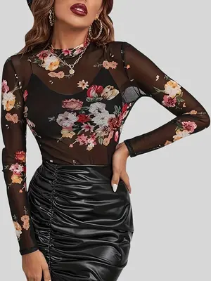 Women's Sexy Floral Print Tight Sheer Mesh Tee, Casual Mock Neck Long Sleeve T-shirt for Spring & Fall, Women's Clothes for D...