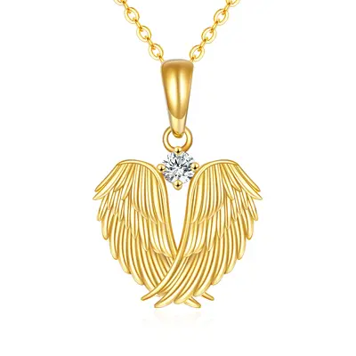 14K Gold Cubic Zirconia Angel Wing Feather Heart Pendant Necklace