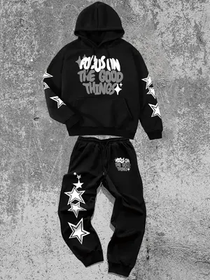 Men's Letter Print Drop Shoulder Hoodie & Star Print Pants Two-piece Set, Regular Fit Casual Fashion Cozy Breathable Two Piec...