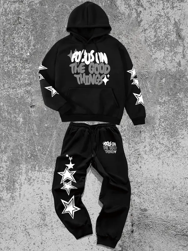 Men's Letter Print Drop Shoulder Hoodie & Star Print Pants Two-piece Set, Regular Fit Casual Fashion Cozy Breathable Two Piec...