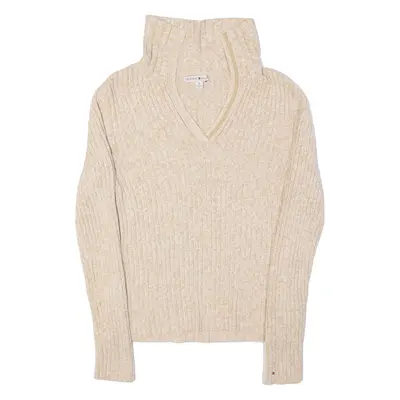 TOMMY HILFIGER Womens Jumper Beige V-Neck Tight Knit M